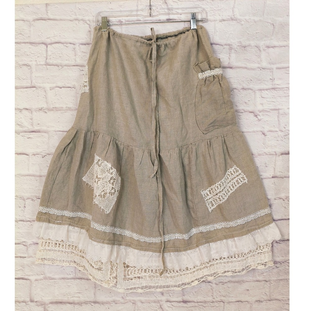 Handmade Tan Lace Patchwork Cottagecore Midi Skirt Drawstring Lagenlook ONE SIZE